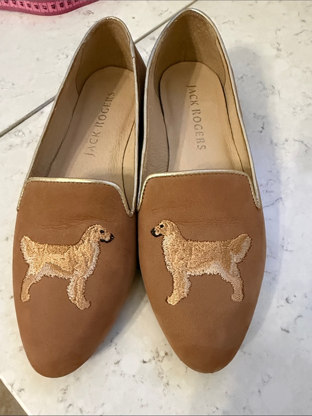Jack Rogers Tan Suede Loafers with Embroidered Dog Motif